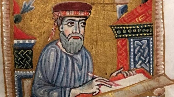 An illustration showing a man wearing a red hat writing on a piece of paper