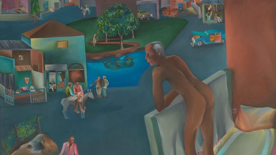a nude man overlooks a town from a balcony at night