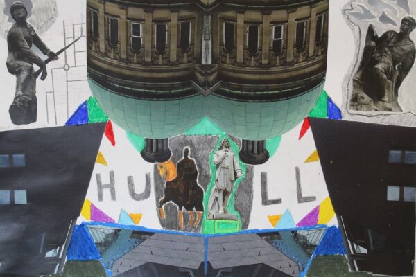 My work was inspired by Abigail Reynolds and also by famous monuments and buildings in Hull. It has all warped and changed over time, and a lot of conflict has happened, like wars and disputes, but still Hull persevered and carried on. I was also inspired by all the colour and street art around hull.