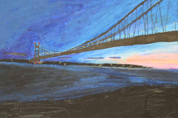 The picture I worked with was one I took myself. To obtain the right l ighting I went late at night at sunset. Making this piece made me think about the world’s natural colours and how much we actually experience in everyday life. My work is inspired by Claude Monet. I love how his work is predominantly nature and sights. I also love these themes, so making my work about that was exciting. Hull is known for many things, but I think the Humber Bridge is one of its best, most beautiful and brilliant outcomes.