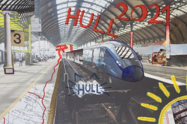 This piece was inspired by walks around the city. I have selected the train station as a main theme to the work. I then worked over the top with mindful doodles that came to me as I looked at the image and started to notice different things within the picture. I started to become aware of what Hull means to me. I worked in layers and different materials to link with how the thoughts occurred to me as I created this piece.