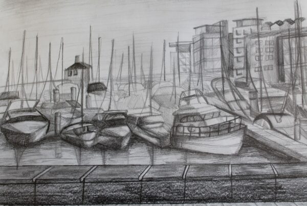 I wanted my art to have a resemblance of Hull’s past. However, I also wanted it to associate with the place that I live, the normal journeys I take and the places I see a lot. I picked the docks, as I pass them a lot and this allowed me to draw them from memory and picture. When looking in town, I now notice more of the smaller details in the buildings which I may have not noticed before. I also picked boats to link to the strong fishing past in hull. The artist inspiration for my work is Claude Monet.