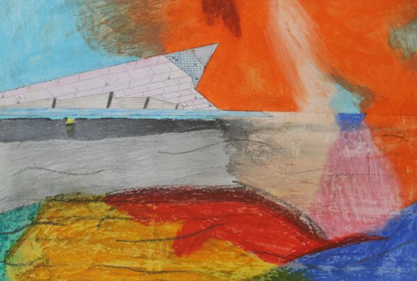 My work responds to Monet’s Antibes. I noticed how the brushstrokes reflected the mood of the scene that he had travelled to see. I liked how he captured the weather on the day by using paints. I was inspired by this and decide to experiment with oil pastels and see if I could blend and mix the colours to recreate an automorphic scene of an iconic building in Hull. I chose the Deep in Hull as the water reflects the light and, like the work by Monet, this scene is ever changing.