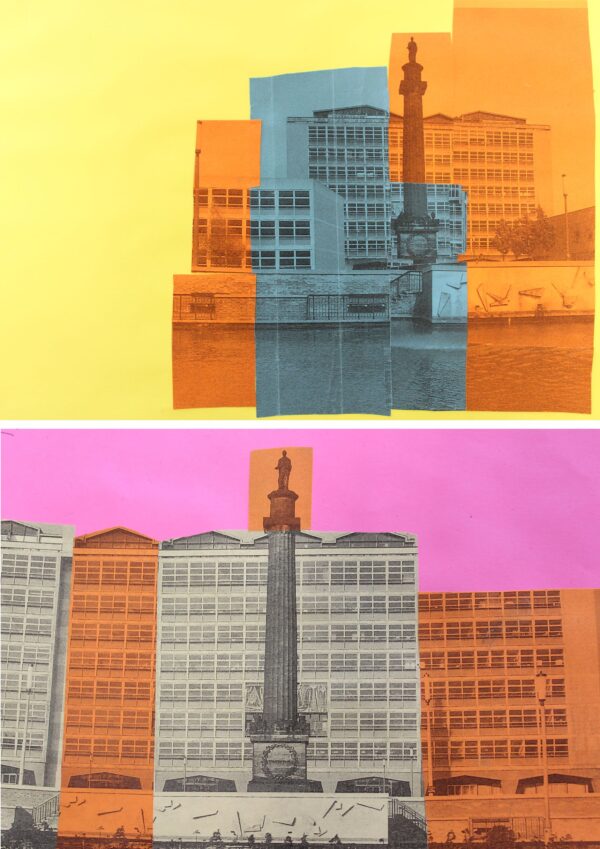 My work was inspired by the artist Abigail Reynolds. In this piece I worked with images of Hull buildings taken in the 1970’s in black and white. I edited the building by adding and taking away parts of the image. I noticed that I was redesigning the building by picking out the lines and structure of the place. This building it is monochromatic so adding the bright colours created a strong contrast which complemented the structure and tones of the building more. When I was working on this piece of work it changed the way I look around when I’m walking. I discovered a few new buildings and landmarks. My work shows how when I look at buildings I edit my viewpoint of the building in my memory.