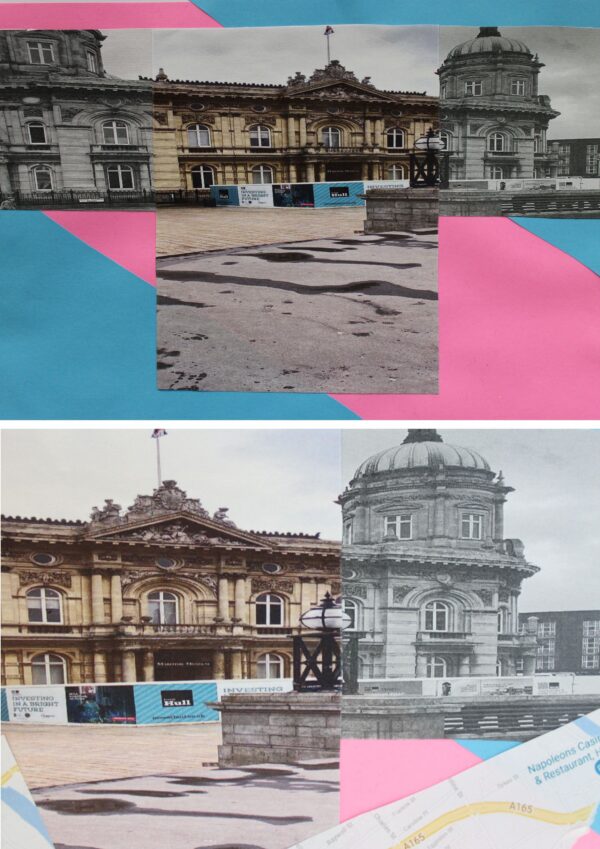 My artwork is inspired by Abigail Reynolds as in her artwork she uses collages as a method to express art in a different and unique way. I used a picture of one of the many buildings in Hull to show you what the old buildings look like now, and the map is showing you direction on how people can get to the city centre where there is a lot of old town buildings to look at.