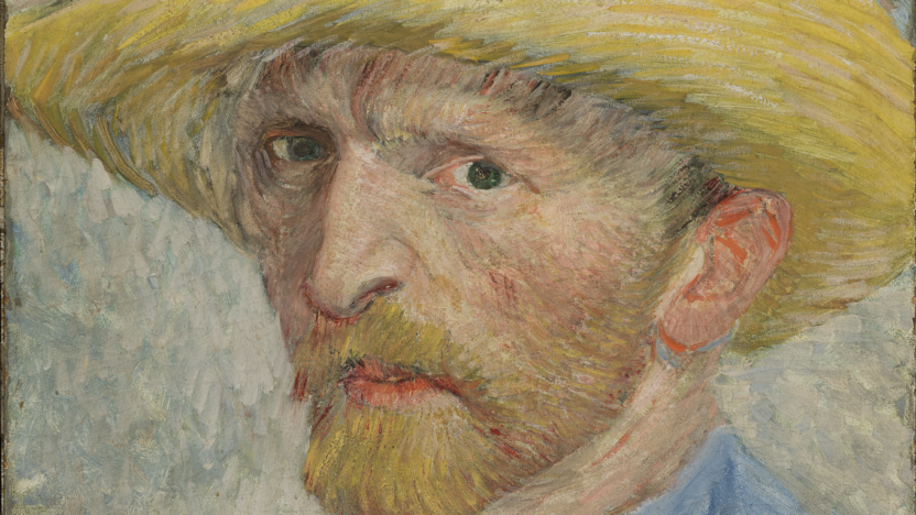 A self portrait of Van Gogh; he is wearing a yellow straw hat, a blue shirt and gazing at the viewer with a serious expression