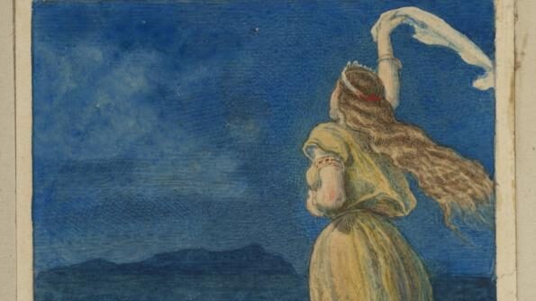 Painting of a woman waving with handkerchief