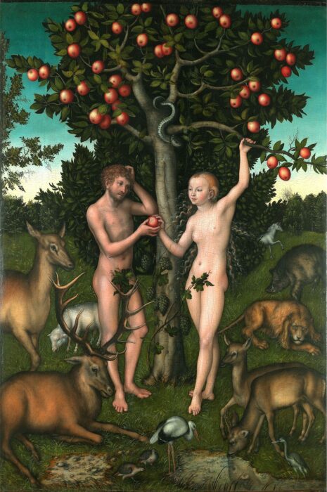 Eve seductively hands Adam the Forbidden Fruit while they stand in a garden surrounded by animals.