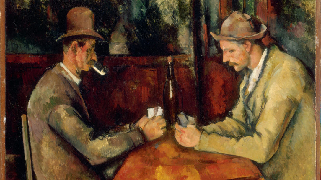 Men in bar playing cards, painting