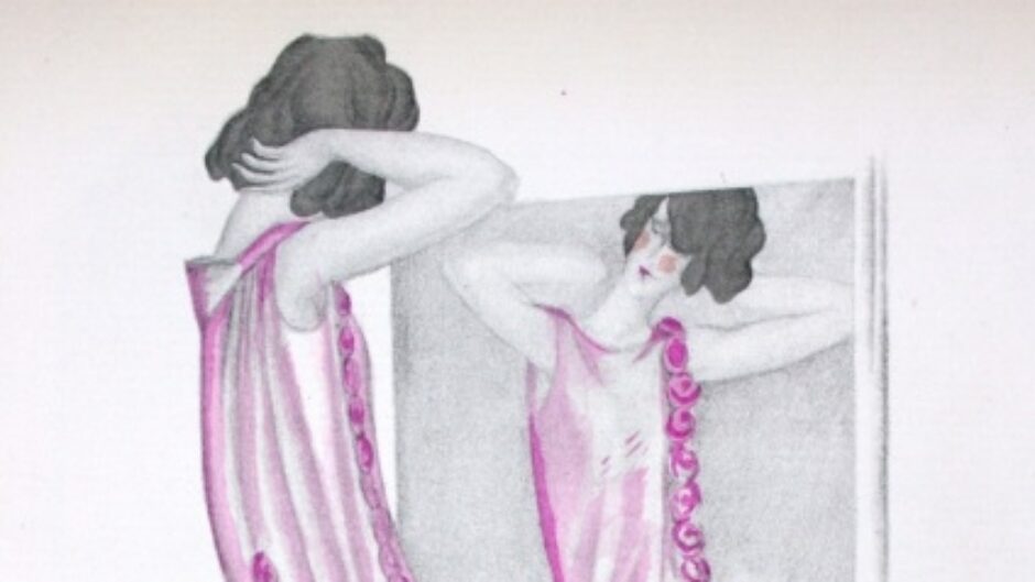 fashion illustration of a woman in a pink dress looking at her reflection in a mirror