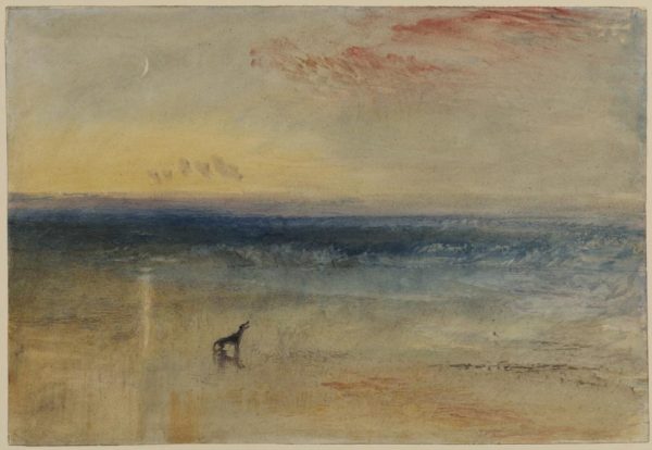 A watercolor of a dog on a beach, with loose colourwork blending beach, sea and sky.