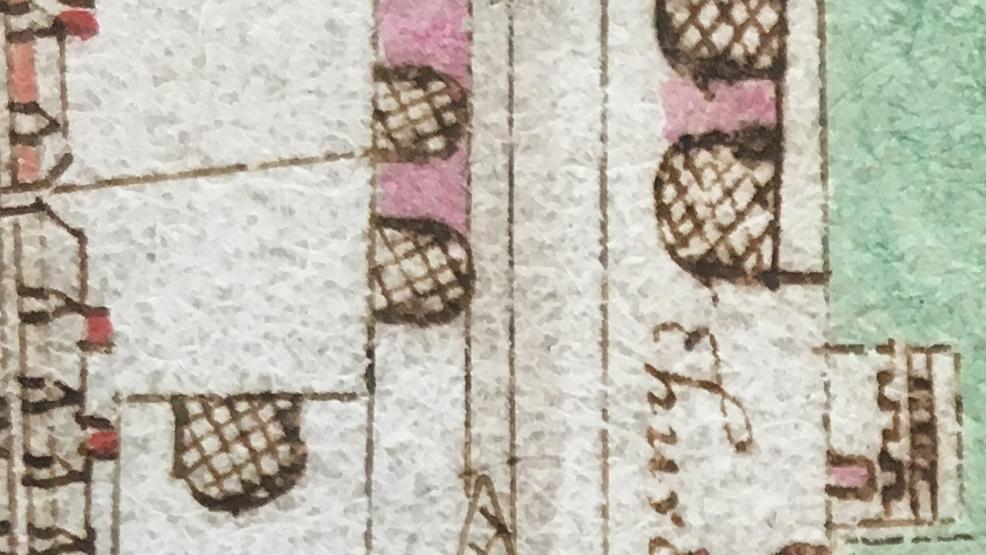 Larger-scale map of the precinct of St Bartholomew’s Hospital, London (London, St Bartholomew’s Hospital, HC/19, fol. 52). (b) Detail view of St Bartholomew-the-Less (rotated with east at top).