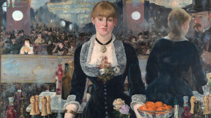 Painting of a woman bartender looking straight ahead