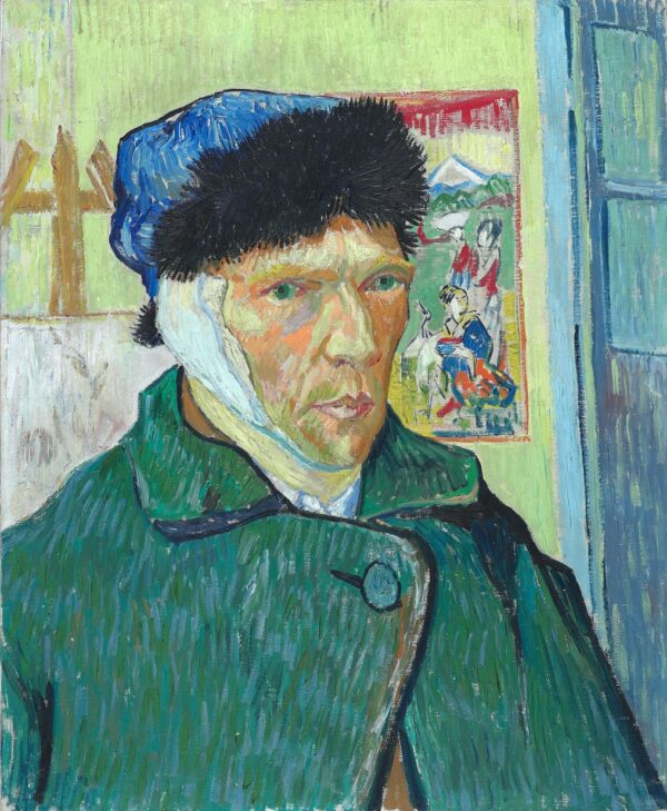 Artist self-portrait wearing a blue hat and green coat with bandaged ear