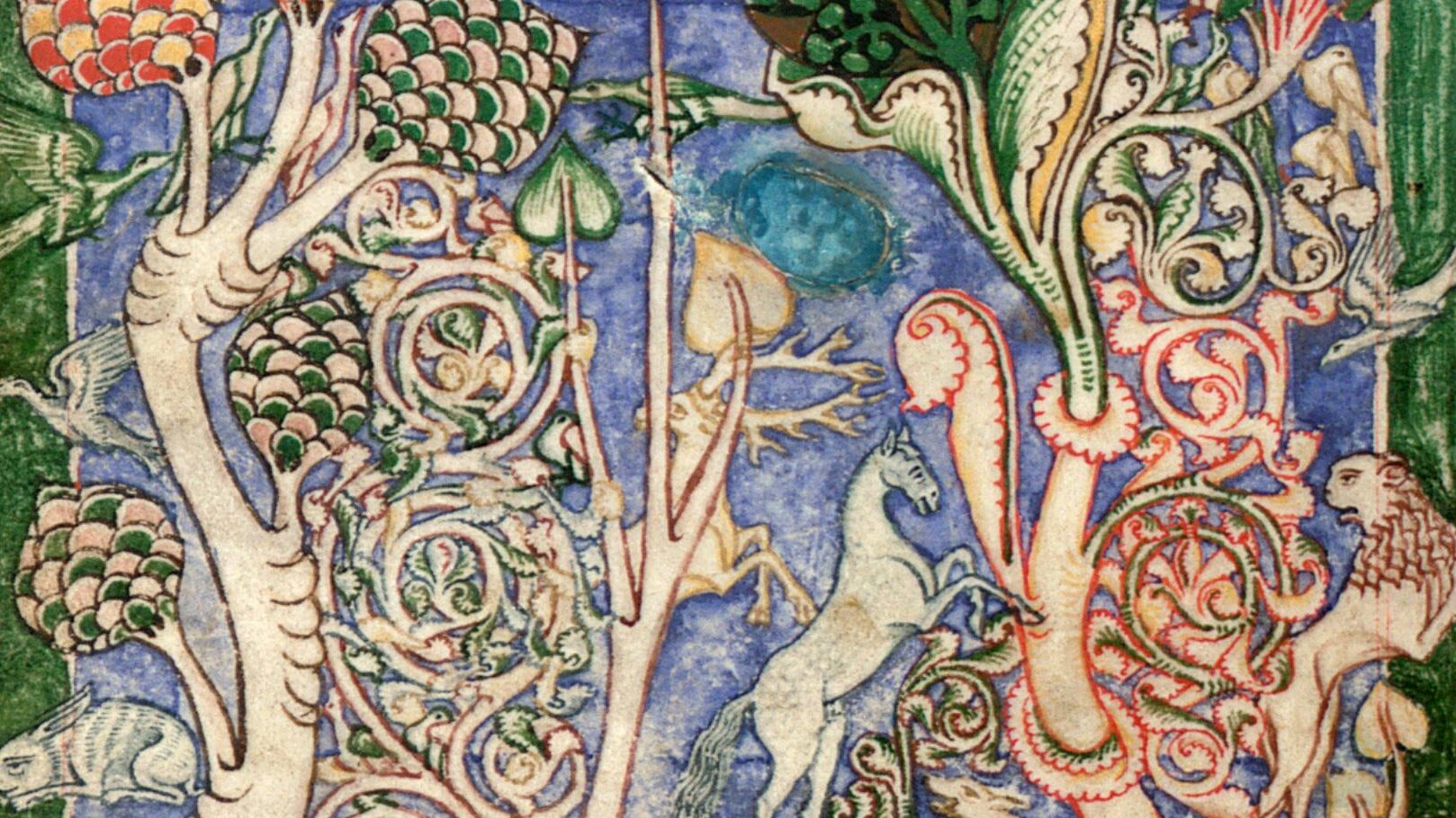 Frontispiece for spring songs with inhabited forest, from the Carmina Burana (Bayerische Staatsbibliothek, Clm 4660), fol. 64v. Southern Germany, c. 1230.