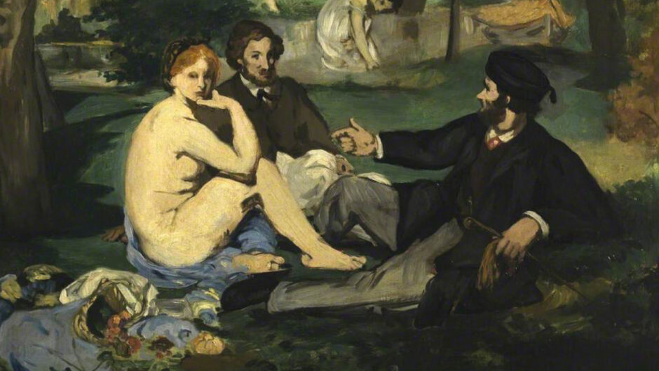 painting of two mean wearing clothes and a naked woman sitting on the grass eating some food