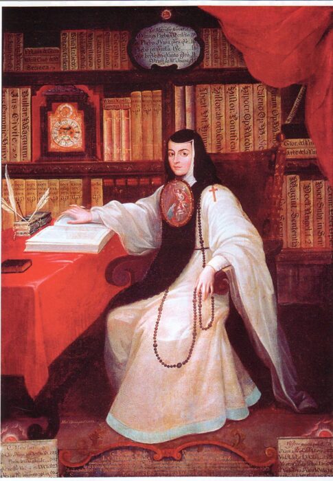 Painted portrait of a figure in a white robe and black head covering sat at a desk writing, surrounded by books and christian symbols