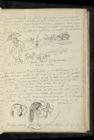 sketches of man on beach and women with notes by Gauguin