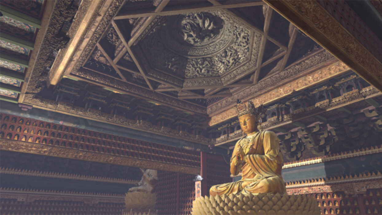Digital image of a Buddhist temple depicting the roof and a large statue of Buddha