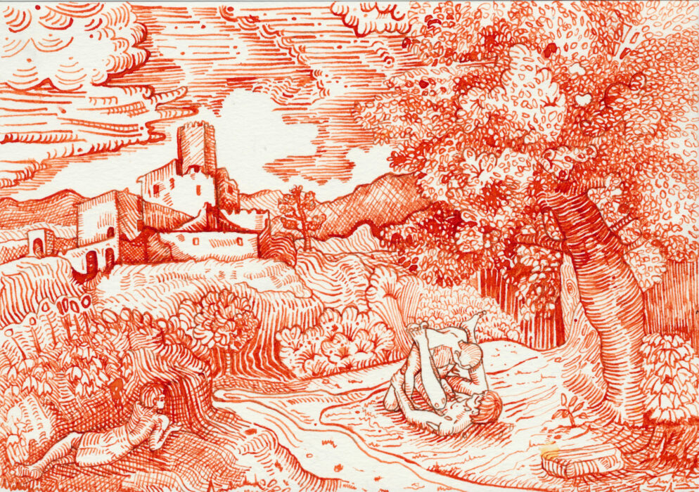 Red ink drawing of a landscape