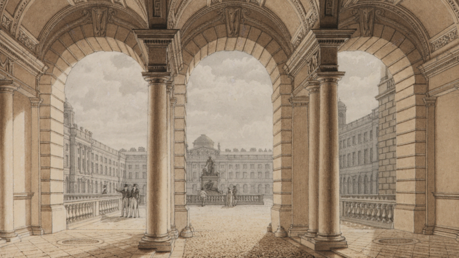 A view of Somerset House's arches and courtyard.