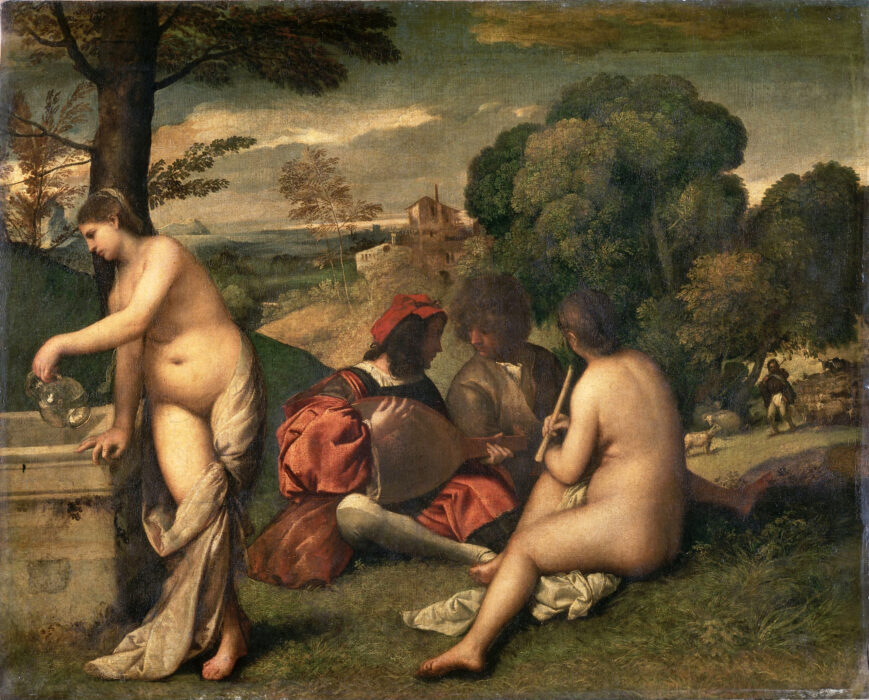 Painting depicting figures sitting on grace, surrounded by trees, playing instruments