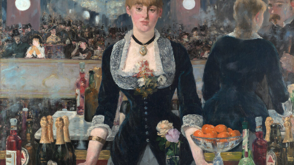 painting of a woman bartender looking straight ahead