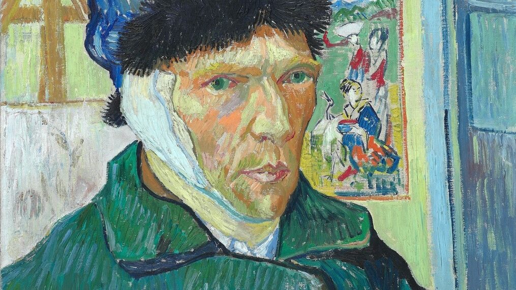 Artist self-portrait wearing a blue hat and green coat with bandaged ear