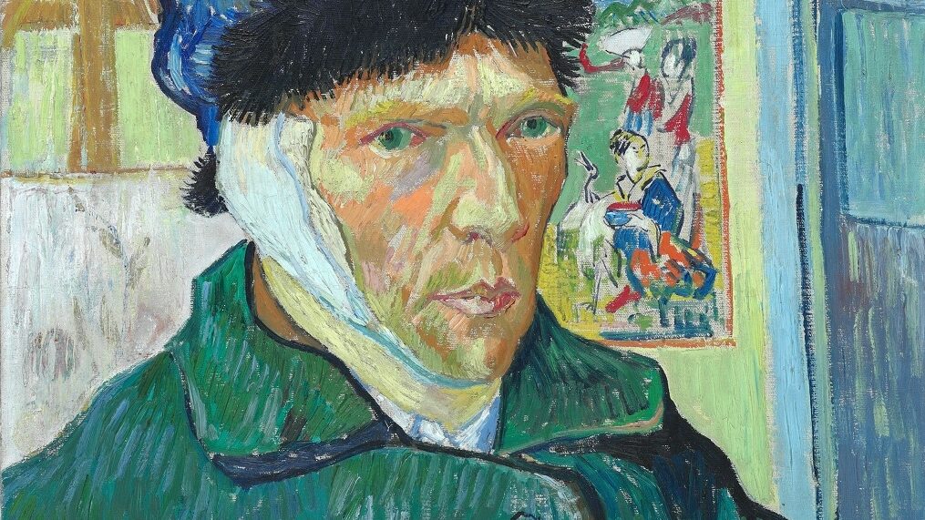 Artist self-portrait wearing a blue hat and green coat with bandaged ear