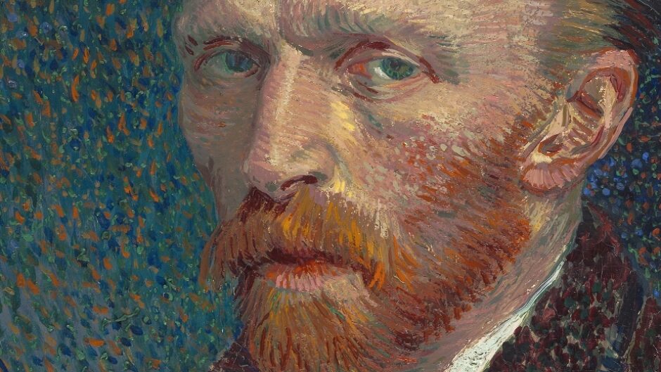 A self portrait of vincent van gogh; he is gazing towards the viewer