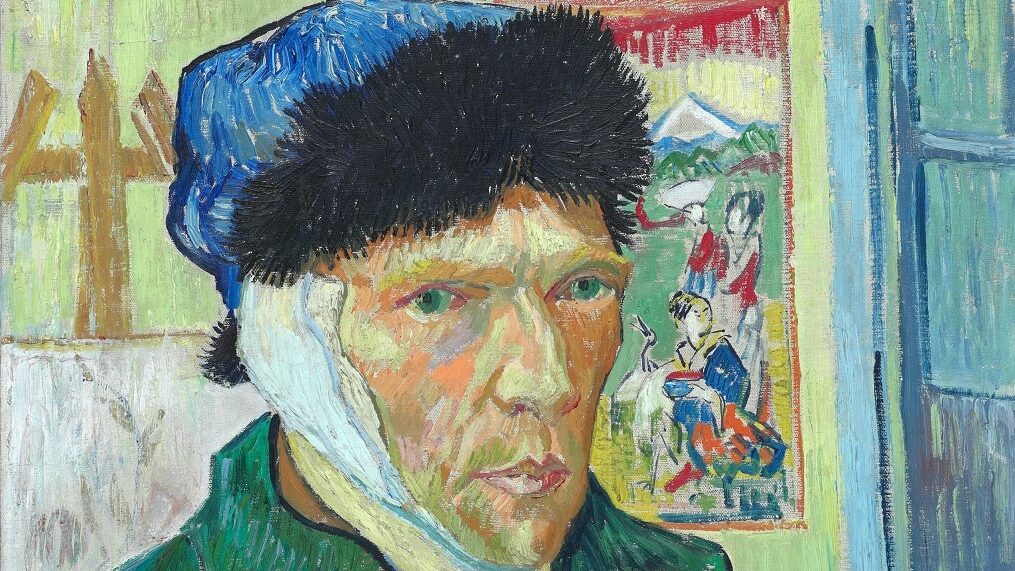 Artist self-portrait wearing a blue hat and green coat with bandaged ear