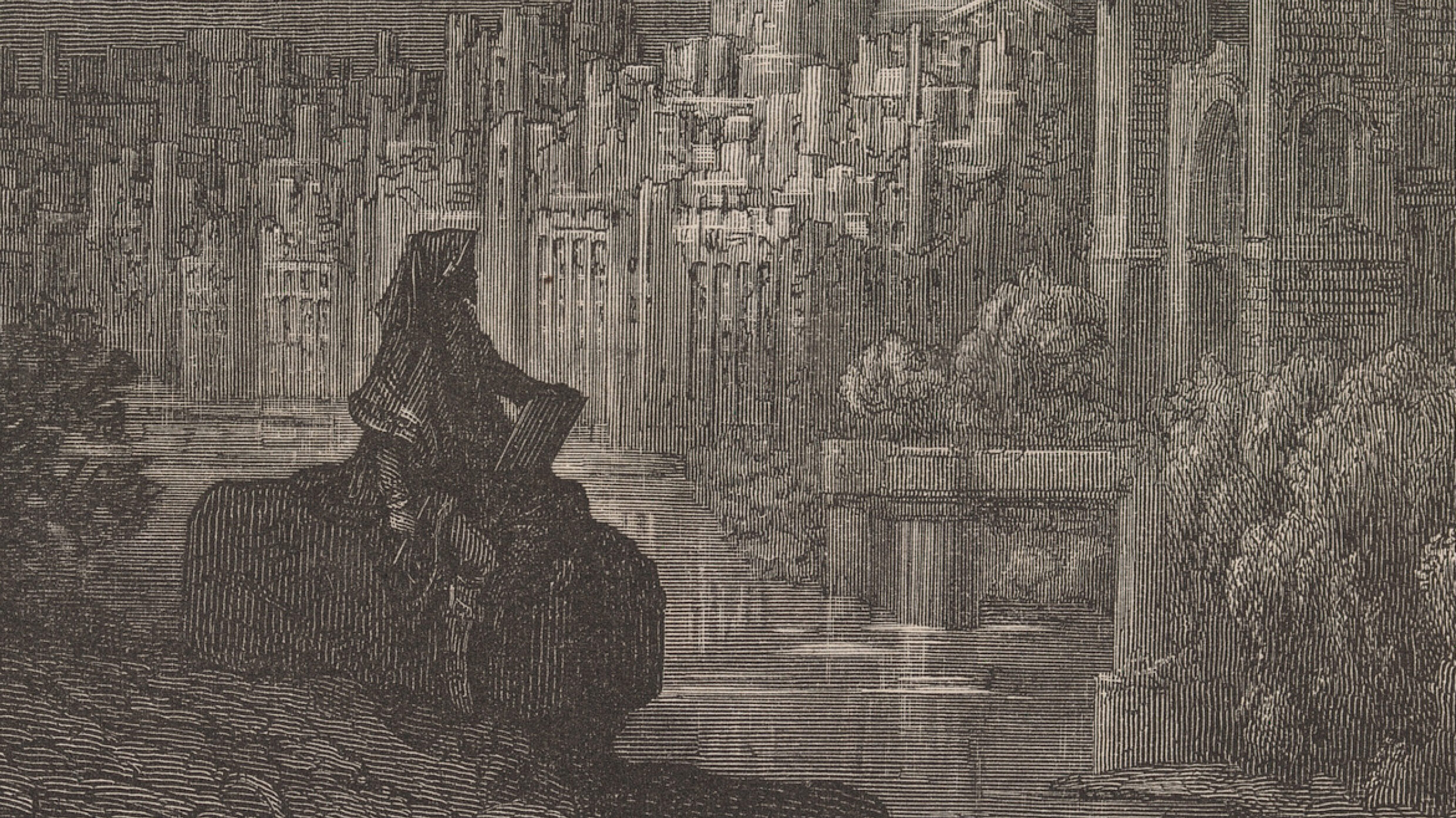 Front cover of the book 'Imagining the Apocalypse: Art and the End Times' showing a drawing of a man sat on a rock overlooking a ruined city.