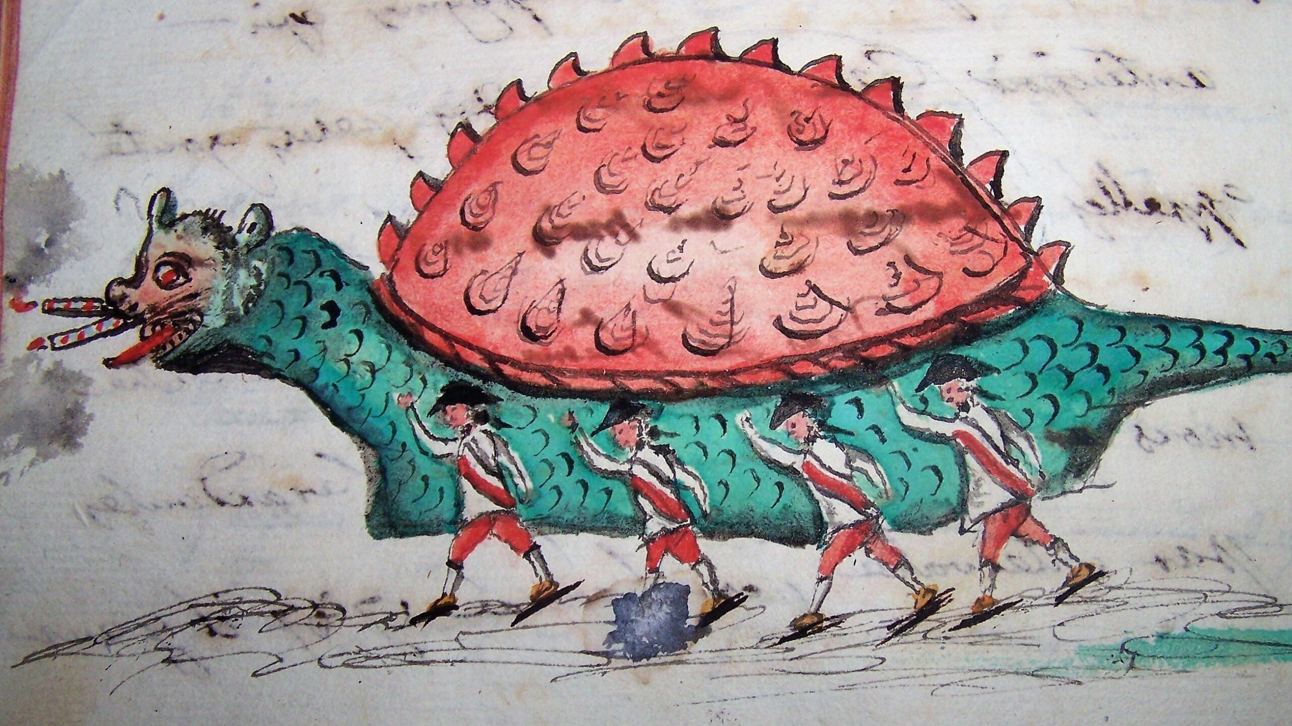 watercolour and ink illustration of The procession of the Tarasque in Tarascon