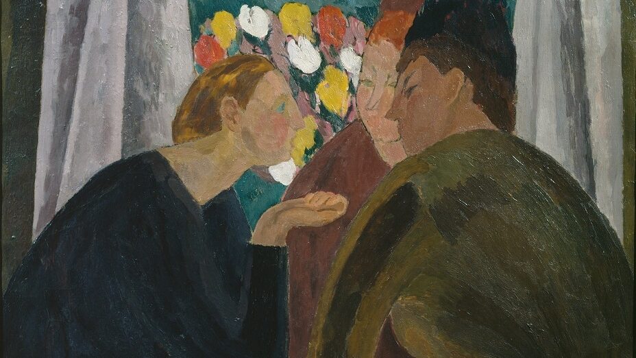 A painting of three women in conversation. The woman on the left leans into the other two in earnest discussion. They sit in front of an open window with a bouquet of flowers visible.