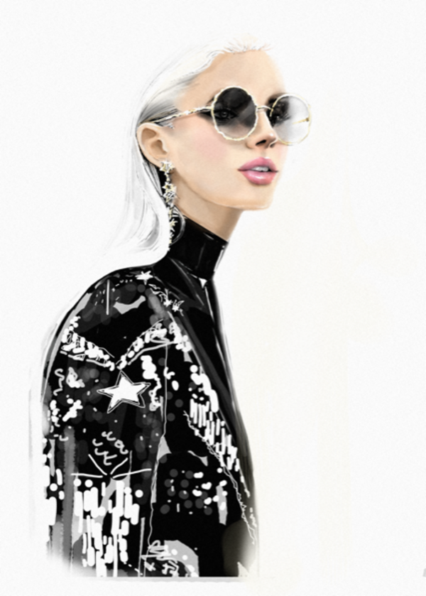 Illustration of a model with white hair wearing a black dress.