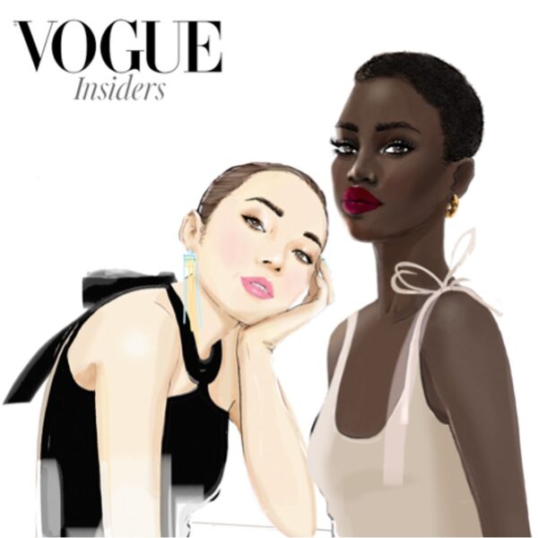 Illustrated Vogue Insiders cover showing a white model in a black dress and a black model in a white dress.