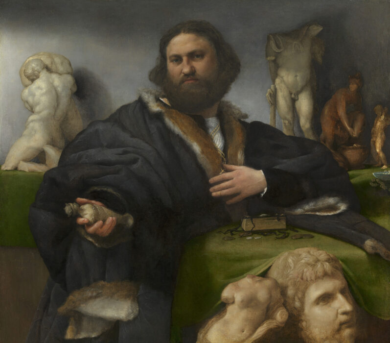 oil painting of a man holding a small statuette