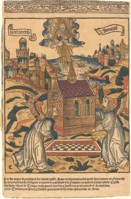Illustration depicting two angels carrying a house