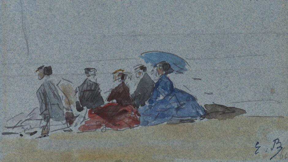 Figures sit at the beach with umbrellas and sun hats. It is a watercolor of many loose shapes and lines.