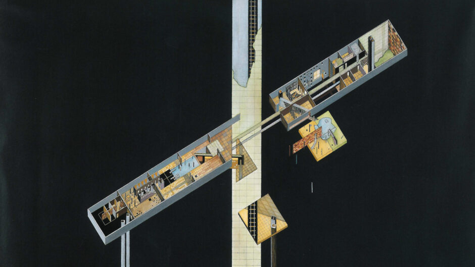 An architectural drawing against a black background