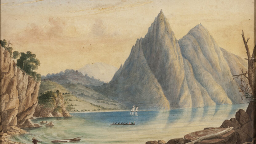 Watercolour painting depicting a lake surrounded by mountains. In the bottom left you can see a figure dragging a boat in to shore and there are more boats shown in the rest of the lake