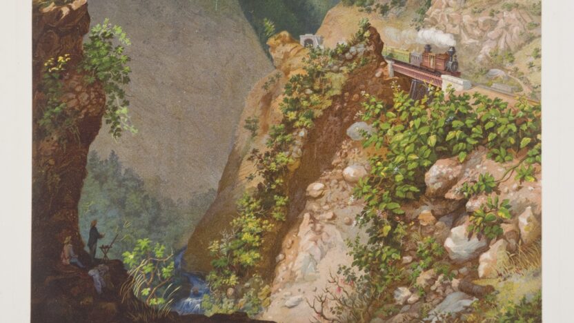 Painting depicting a steep gorge. On one side a train moves along a track on a steep cliff side and on the other side a figure can be seen painting