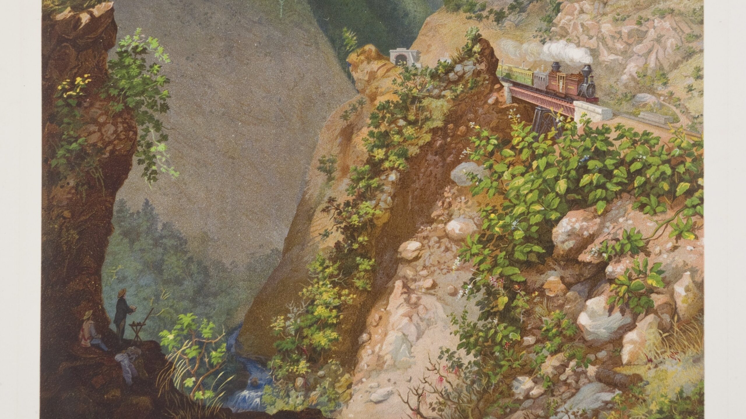 Painting depicting a steep gorge. On one side a train moves along a track on a steep cliff side and on the other side a figure can be seen painting