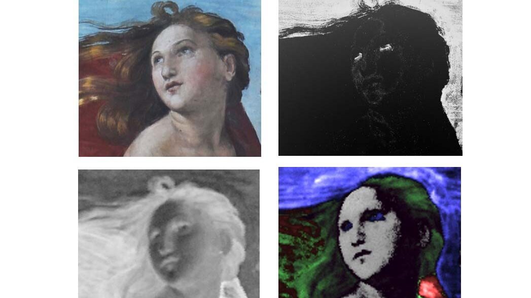 Image showing four different technical investigations into a painting of a woman with her hair blowing behind her, painted by Raphael