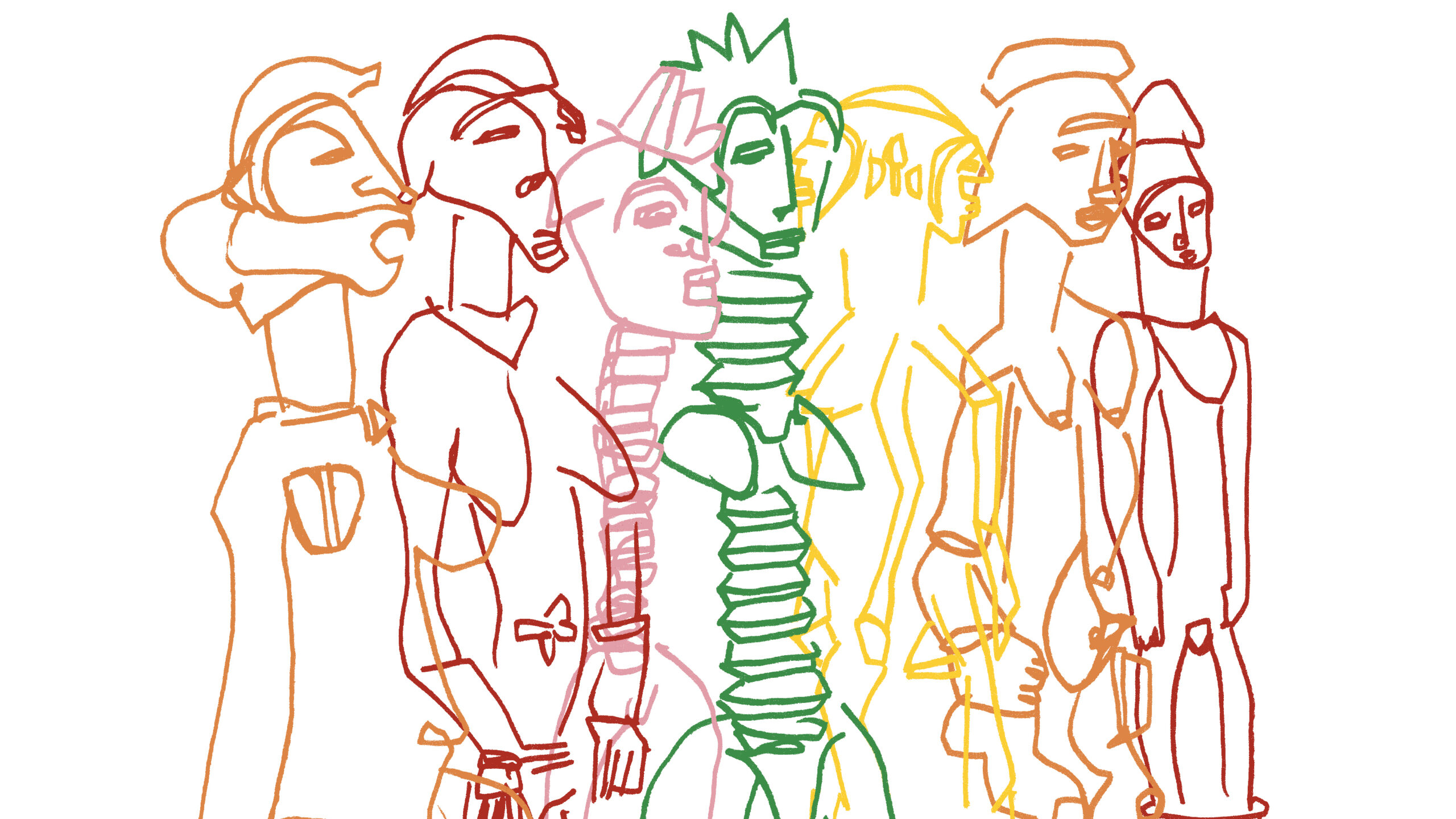 Coloured line drawing of overlapping figures