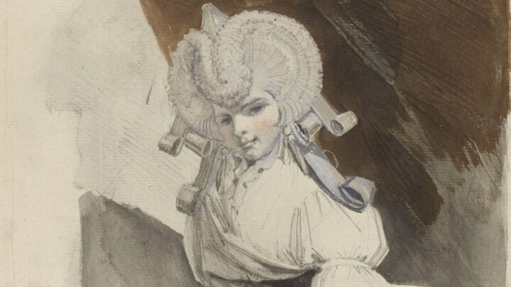 A portrait of Sophia Fuseli, her Hair in Large Rolls, with Pink Gloves, in front of a Brown Curtain