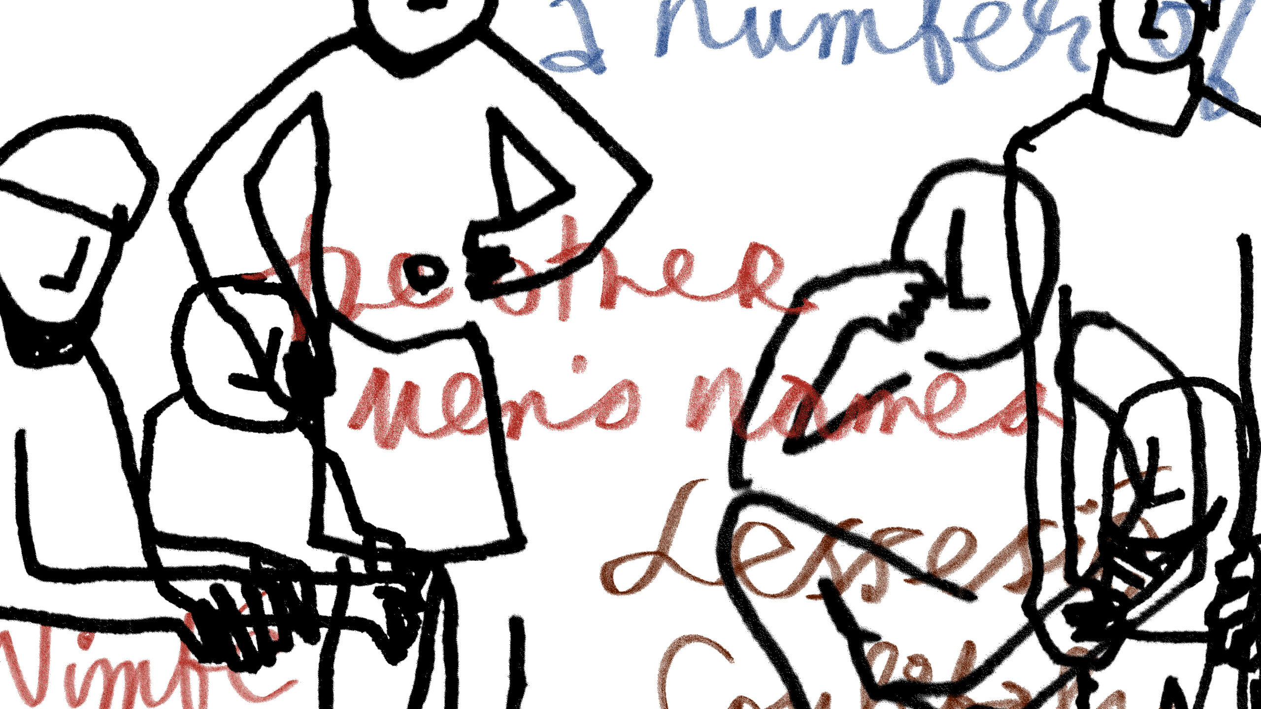 Black outline drawings of people with text written over the top