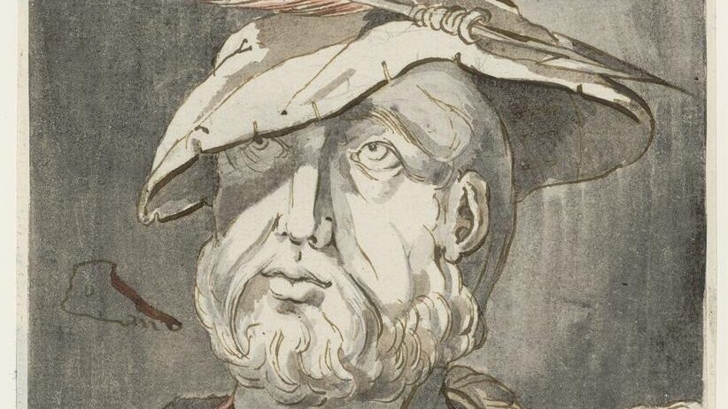 Drawing depicting the top half of a man's body. He wears a hat pulled down over one eye with a feathered arrow piercing it.