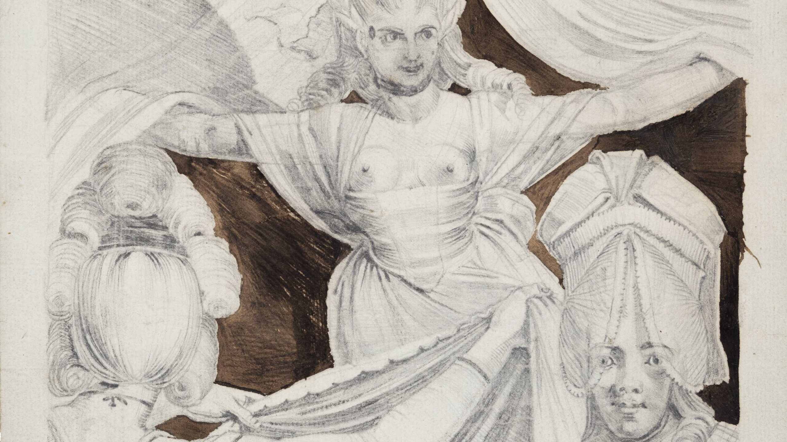 Drawing depicting three women with elaborate hair styles.