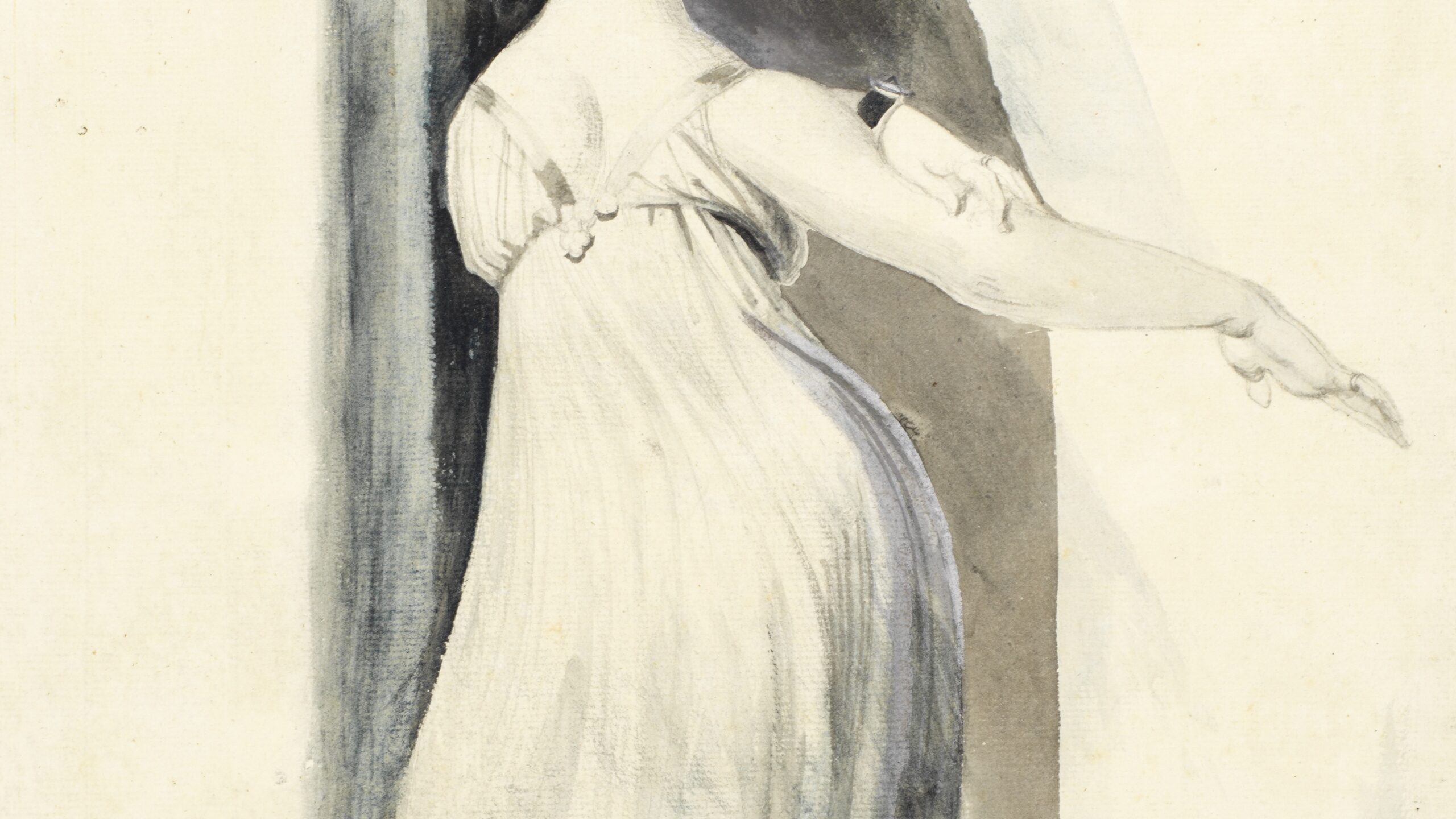 Detail of a drawing depicting the torso and arms of a woman wearing a long dress